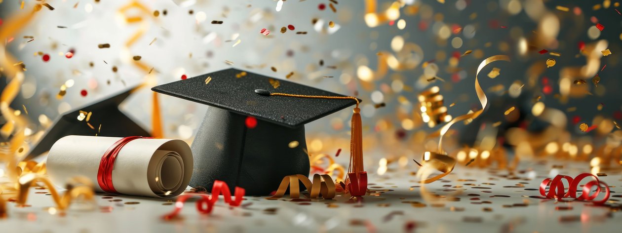 A black graduation cap with a gold tassel and a rolled diploma tied with a red ribbon lie among gold and red confetti against a festive, softly lit background.