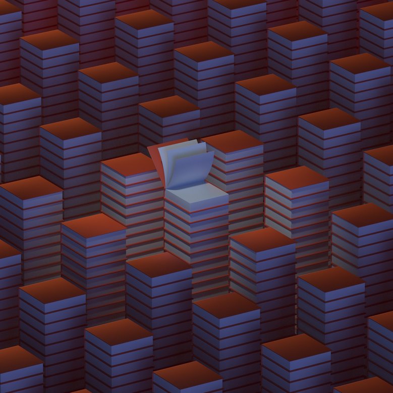 Graphic of several stacks of books, each with red covers, in the middle a book is open