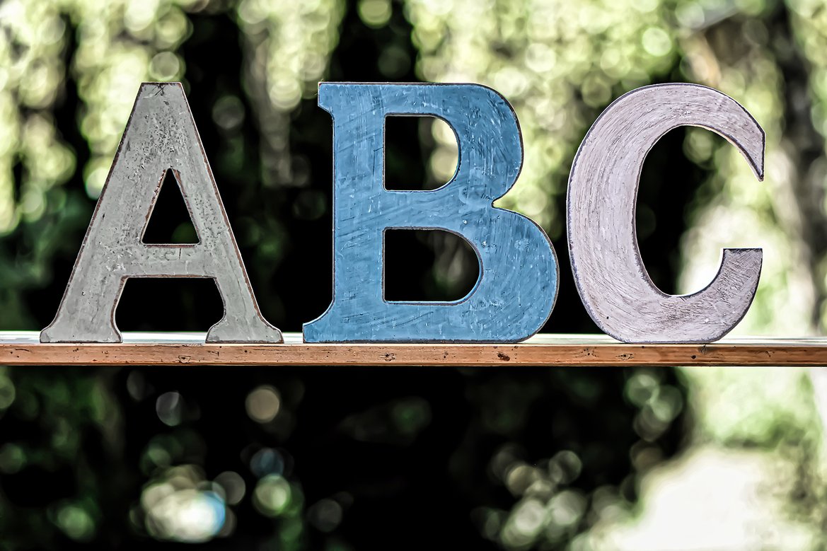 Letters A, B, C in grey and blue in front of green background